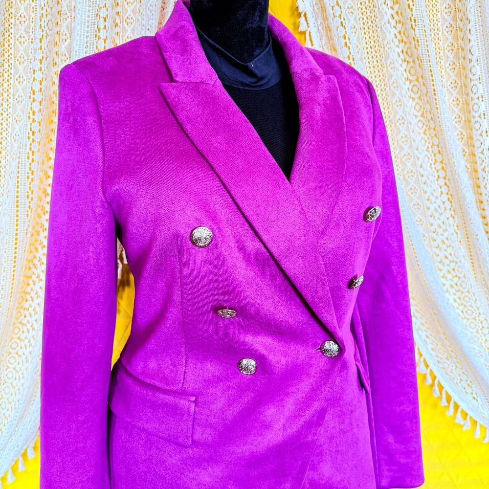 Bold Magenta Preppy Career Faux Suede Double Breasted Studio Blazer WHBM Size 12 - Picture 5 of 17